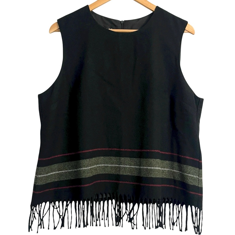 Vintage 90s Wool Blend Black Sleeveless Top w/ Fringe Hem Women’s Size 14 - Picture 3 of 9